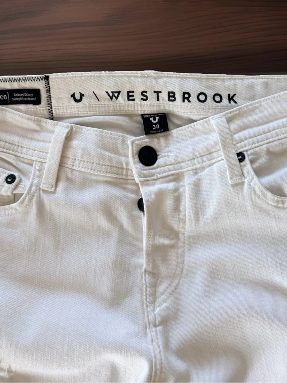 True Religion Rocco x Westbrook White Distressed Slim Denim. Size 30